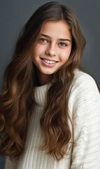 Naklejka premium Smiling beautiful teenage girl posing in a studio shot looking at the camera. Generative AI