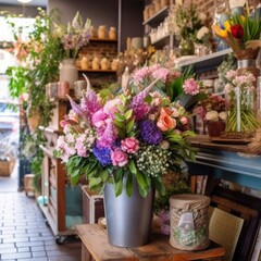 Fototapeta premium The florist shop sells a beautiful spring flower bouquet. (Generative AI)