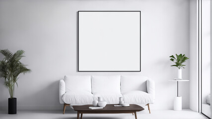 Blank horizontal poster frame mock up in minimal style living room interior, modern living room interior background, generative ai