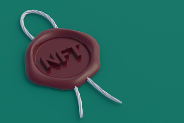 NFT inscription on seal wax. Non-fungible token. Blockchain technology concept. Digital marketing. Modern art. Crypto artwork. Copy space. 3d render