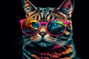 Colored cool and funny cat portrait with sun glasses. Ai generated