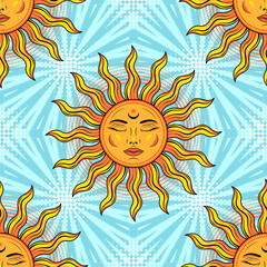 Seamless pattern with sun with face, halftone shapes. Blue background behind with rays, beams, stripes. Groovy, hippie style. Good for apparel, fabric, textile, kids design.