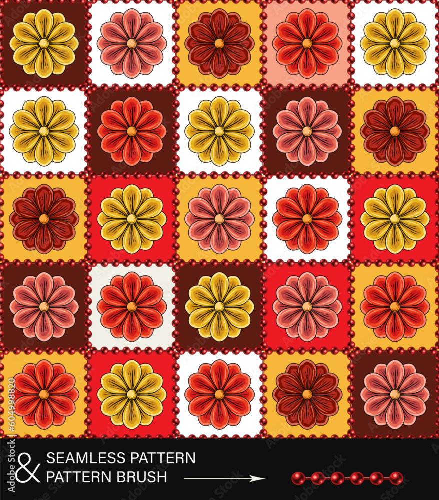 Poster seamless pattern with chamomiles, daisy in square geometric grid. pattern brush with beads string. g