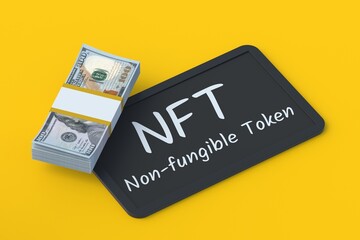 NFT inscription on chalkboard near stack of money. Non-fungible token. Blockchain technology concept. Digital marketing. Modern art. Crypto artwork. 3d render