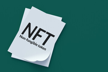 NFT inscription on paper sheet. Non-fungible token. Blockchain technology concept. Digital marketing. Modern art. Crypto artwork. Top view. Copy space. 3d render