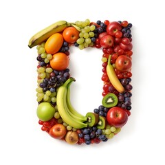 fruit, letter, alphabet, food, apple, orange, fruits, fresh, grape, healthy, banana, grapes, isolated, green, ripe, red, strawberry, diet, lemon, tropical, pineapple, kiwi, pear, generative ai