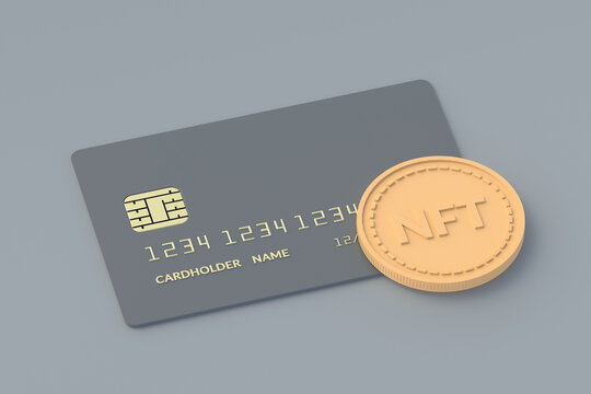 NFT inscription on coin near credit card. Non-fungible token. Blockchain technology concept. Digital marketing. Modern art. Crypto artwork. 3d render