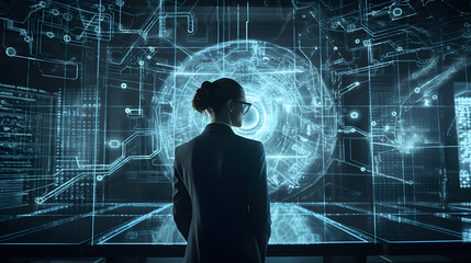 Person in front of futuristic screen generated by AI