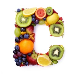 fruit, letter, alphabet, food, apple, orange, fruits, fresh, grape, healthy, banana, grapes, isolated, green, ripe, red, strawberry, diet, lemon, tropical, pineapple, kiwi, pear, generative ai