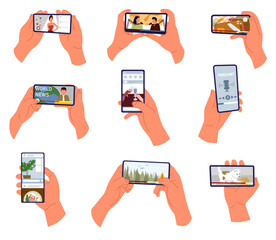 Hands holding a smartphone. Watching videos online on mobile phone screen. Podcast, news, watching video online, talk show, tv application, live streaming. Concept of news