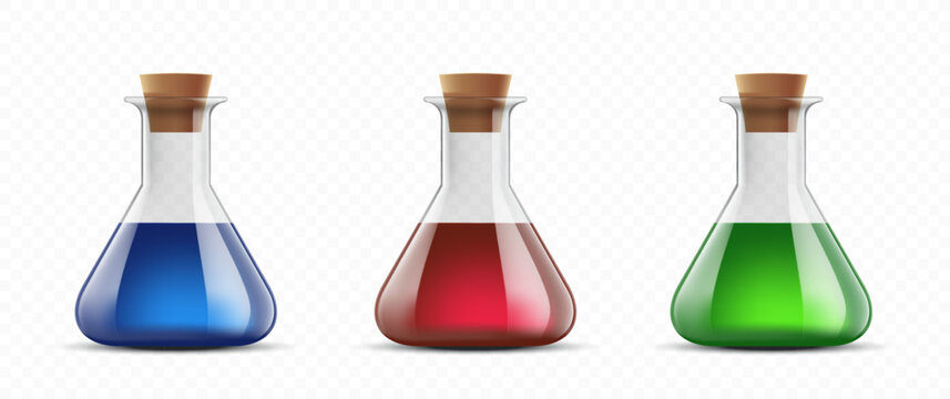 Collection of glass bottles or beakers with potion or poison. Templates are isolated on a transparent background. Vector illustration