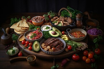 Fototapeta na wymiar A dish comprising an assortment of vegetables and meats, with onions, tortillas, and tomatoes. Generative AI