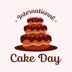 International Cake Day calligraphy hand lettering with brown cake and cherry fruit
