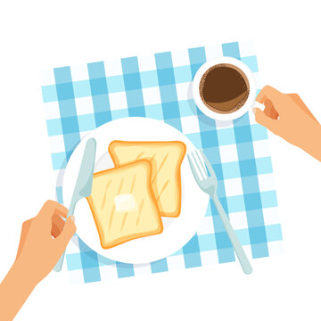 Delicious Breakfast On A Plate Top View. Toast With Butter And Coffee. Table With Tablecloth. Hands Is Holding Fork And Knife. Vector Illustration.