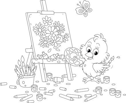 Little chick painter drawing a beautiful bouquet of summer flowers on an easel with a paintbrush, paints and pencils, black and white outline vector cartoon illustration for a coloring book
