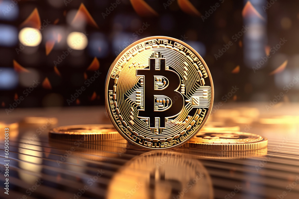 Poster virtual cryptocurrency concept. bitcoin against stock market chart background. blockchain technology