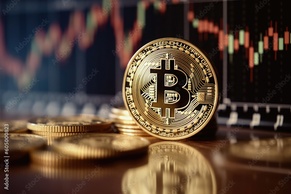 Poster virtual cryptocurrency concept. bitcoin against stock market chart background. blockchain technology