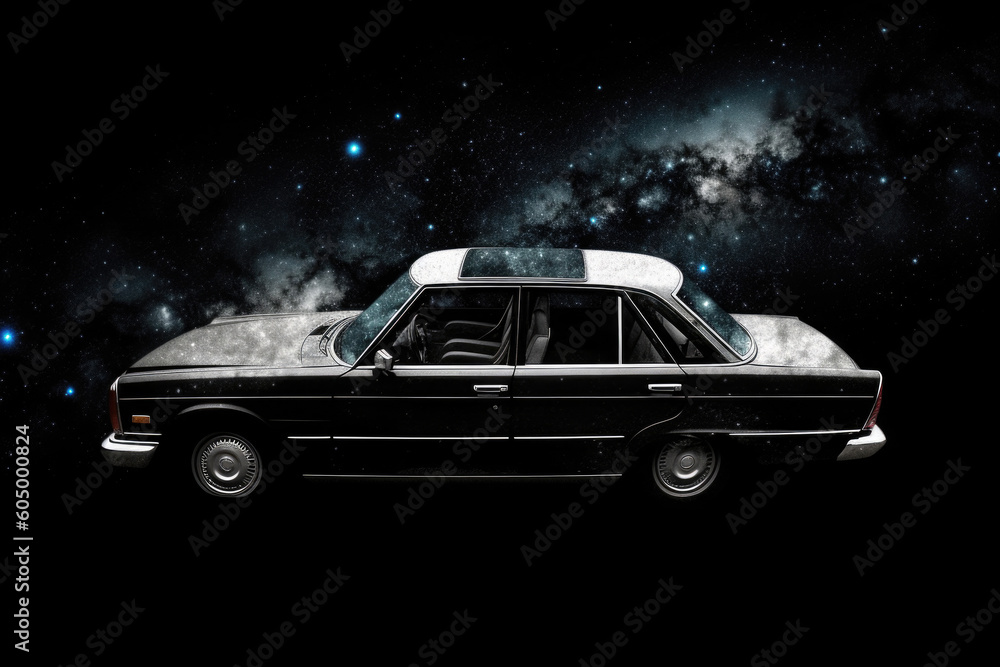 Poster futuristic retro car on galaxy and nebula background. vehicle in space for futuristic travel. creati