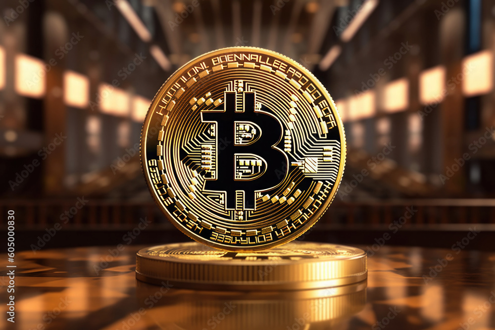 Poster virtual cryptocurrency concept. golden bitcoin against blurred technology background. created with g