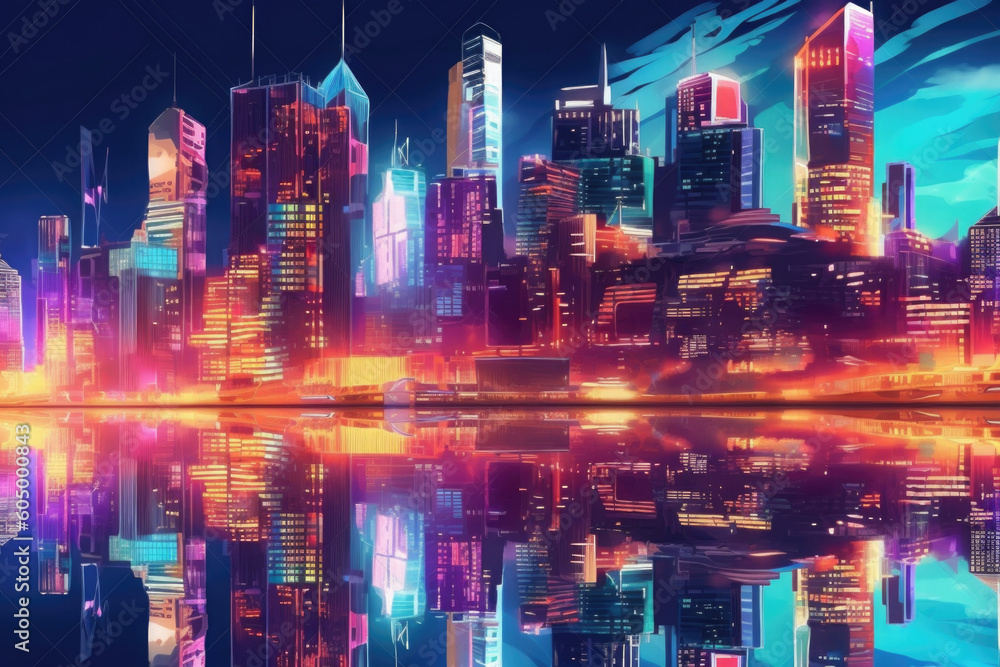 Poster skyline with neon colored city at night. cityscape with reflection in river. futuristic cyberpank ba