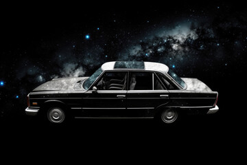 Obraz na płótnie Canvas Futuristic retro car on galaxy and nebula background. Vehicle in space for futuristic travel. Creative spaceship. Created with Generative AI