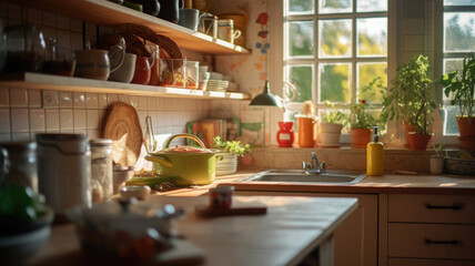 Fototapeta premium Stylish kitchen interior with morning light in large window, retro design. Cozy scandi style kitchen background. Created with Generative AI