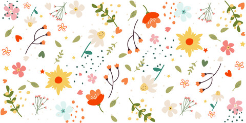 Multicolored flowers on a white background. Pretty floral pattern for print. Flat design vector.