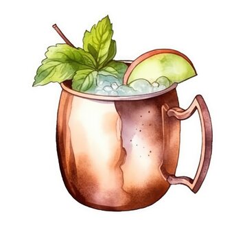 Moscow Mule Cocktail isolated on white drawn with watercolor (generative AI)