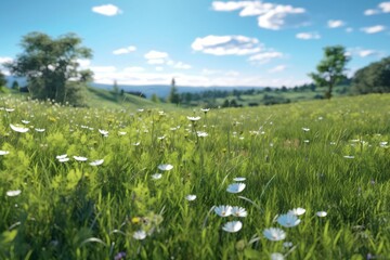 A flat green meadow in summer