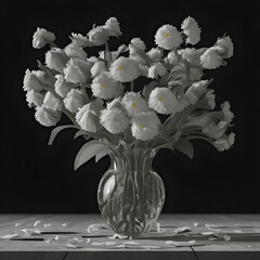 Illustrative photo of flowers in a vase in black and white in still life style generative ai