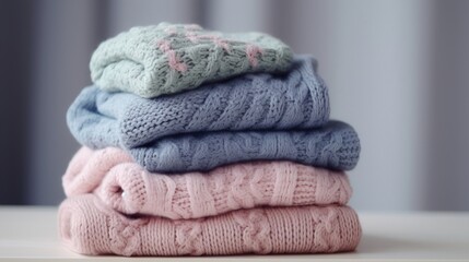 A stack of pastel-colored women's knitwear close-up on a light background. AI generation