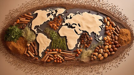 Artistic arrangement of various seeds and saplings in the form of globe or world map, showing the global impact of environmental conservation efforts. Generative ai
