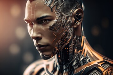 Illustration einer künstlichen Intelligenz. Cyborg Kopf mit starkem Ausdruck und elektronischen Elementen. Roboter Porträt. Generativ KI  - obrazy, fototapety, plakaty