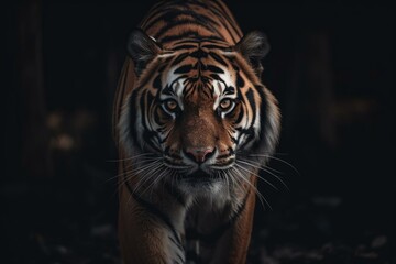 Fototapeta na wymiar Confident Sumatran tiger approaches camera. Generative AI