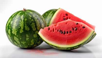 Ripe and Juicy Watermelons, Whole and Sliced, on a White Studio Background - Generative Ai
