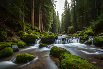 The Peace of the Rainforest: A waterfall is flowing in a rainforest surrounded by green trees