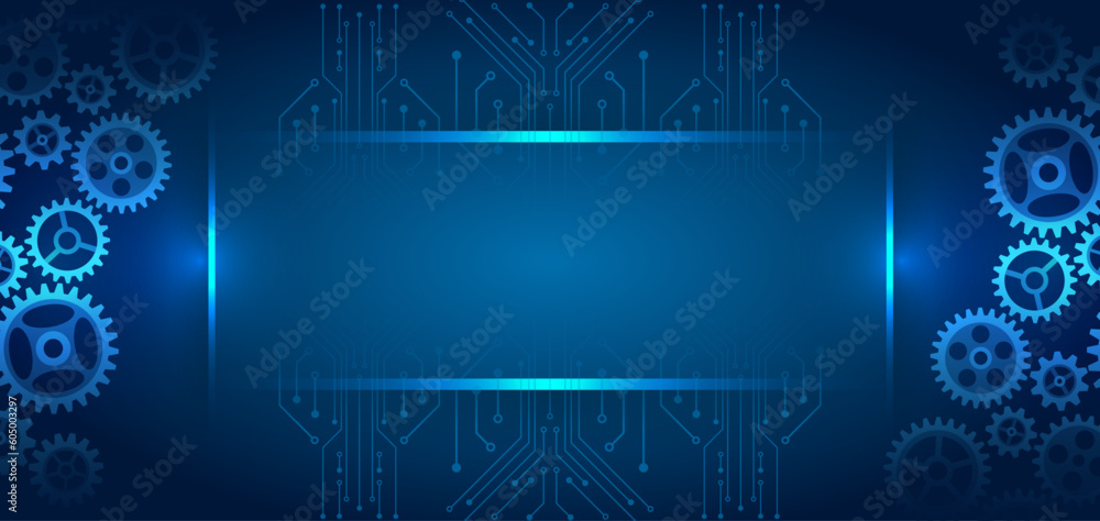 Poster The mechanism consisting of gears on a blue background for the presentation. Cogwheel for science experiment presentation. Futuristic high tech concept. Business and industry internet banner