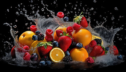 Fototapeta na wymiar Juicy Fresh and Ripe Fruits Splashing into Water, Including Blueberries, Strawberries, Oranges, Raspberries, and Blackberries. Generative Ai