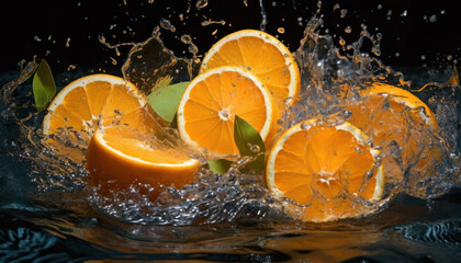 Fototapeta na wymiar Juicy Fresh Healthy and Ripe Oranges in Water. Generative Ai