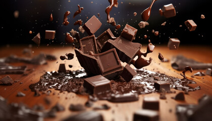 Splashing Pieces of a Chocolate Bar, with Tiny Chocolate Pieces Flying Everywhere. Generative Ai