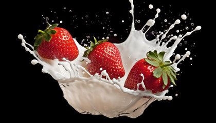 Three Ripe Strawberries Surrounded by Splashing Milk Symbolizing a Fruity Milkshake. Generative Ai