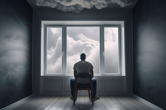 Man sits on a chair in an empty room with a cloud near the ceiling. A person is in the clouds, a clouded mind, loneliness is lost, society. Generative AI.