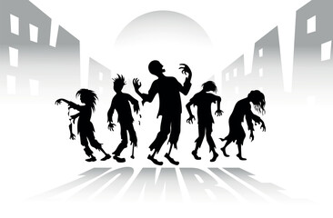 Zombies in the city. Terrible dead walk the streets of the city on full moon. Halloween background template. Isolated. Vector