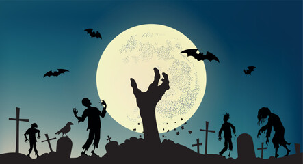 Zombie hand out of ground on the background of the full moon. Scary zombies walk among the graves in the cemetery. Halloween Party Concept