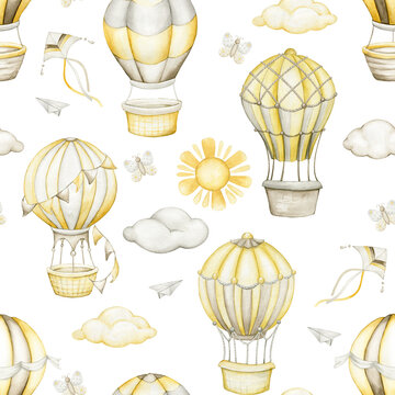 Hot Air Balloons, Clouds, Sun, Kite, Watercolor Seamless Pattern, Boho Style.