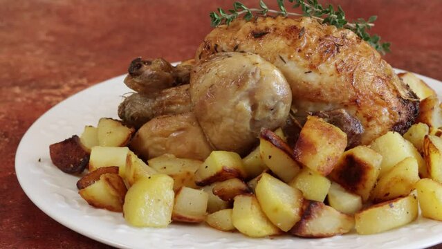 coquelet r&ocirc;ti et pommes de terre rissol&eacute;es dans une plat