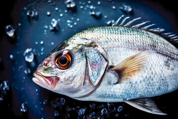 top down view of raw sea bream fish dorado on ice. space for text. generative AI
