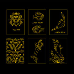 Hand drawn sketch seafood vector illustration of  fishs. Logo design templates and emblems in golden colors on black background 
