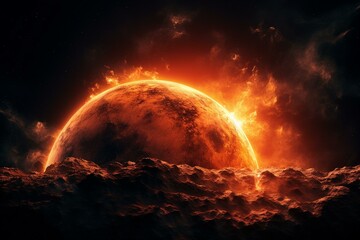 Obraz na płótnie Canvas Exoplanet illustration: Fiery orange planet with clouds in nighttime sky (NASA elements). Generative AI