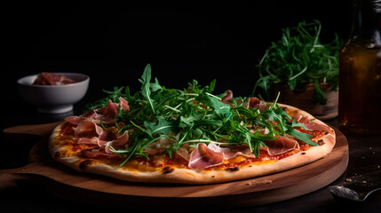 Artisanal Pizza Perfection: A Captivating Close-up of Prosciutto and Fresh Arugula Topping. Generative AI.